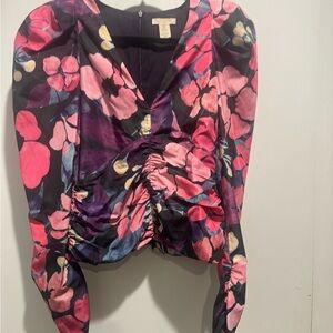 H&M Pink and Purple Floral Ruched Blouse